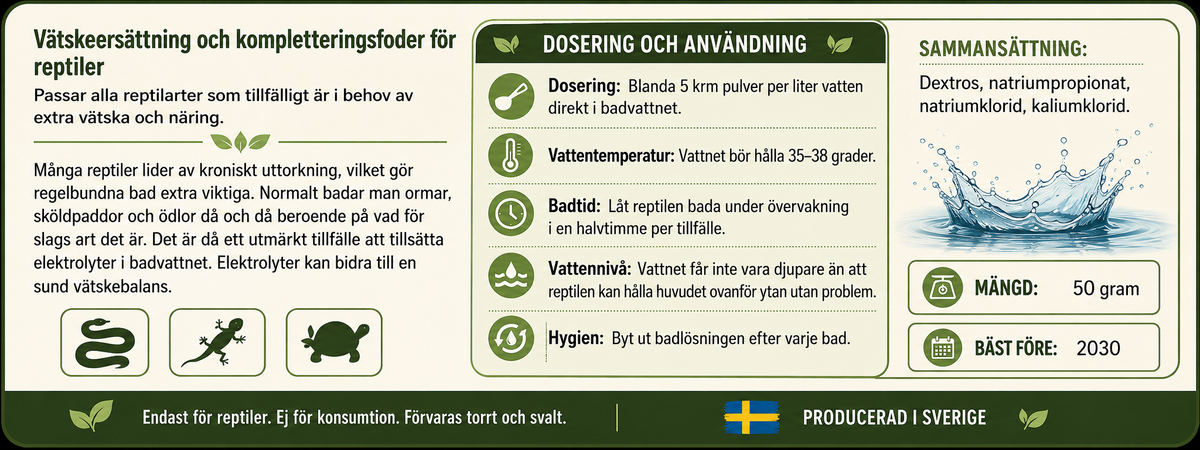 Vätskeersättning åt reptil-att bada i 50 g