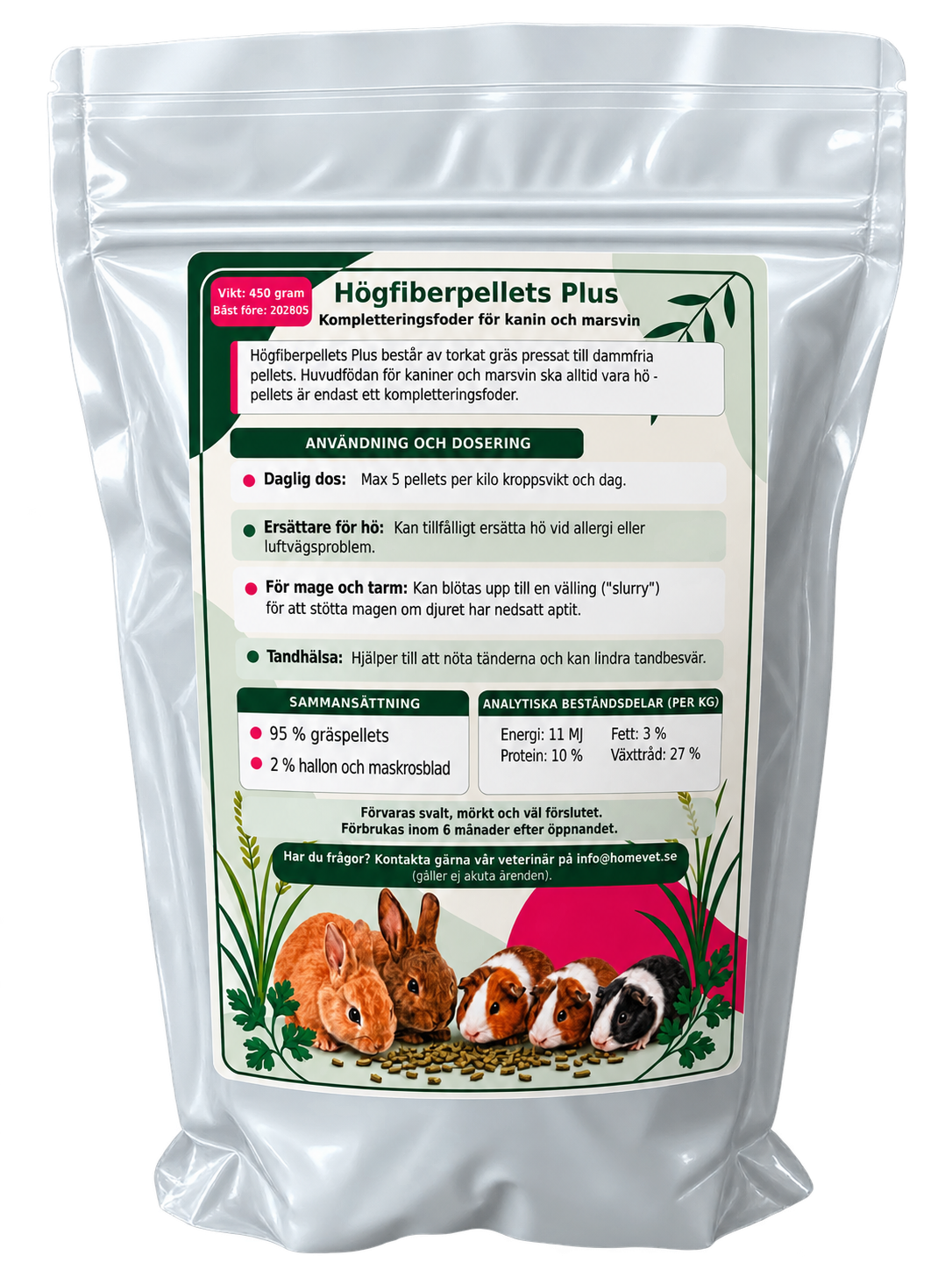 Högfiberpellets Plus med hallon och maskrosblad 450 g