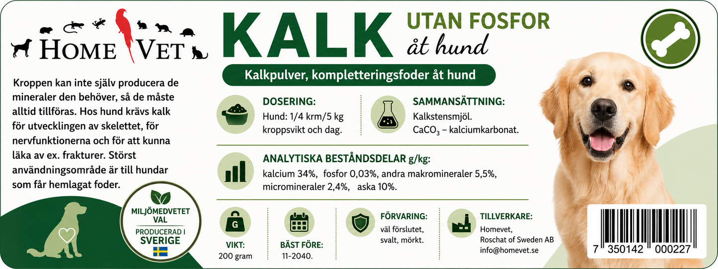 Kalk utan fosfor åt hund 200 g