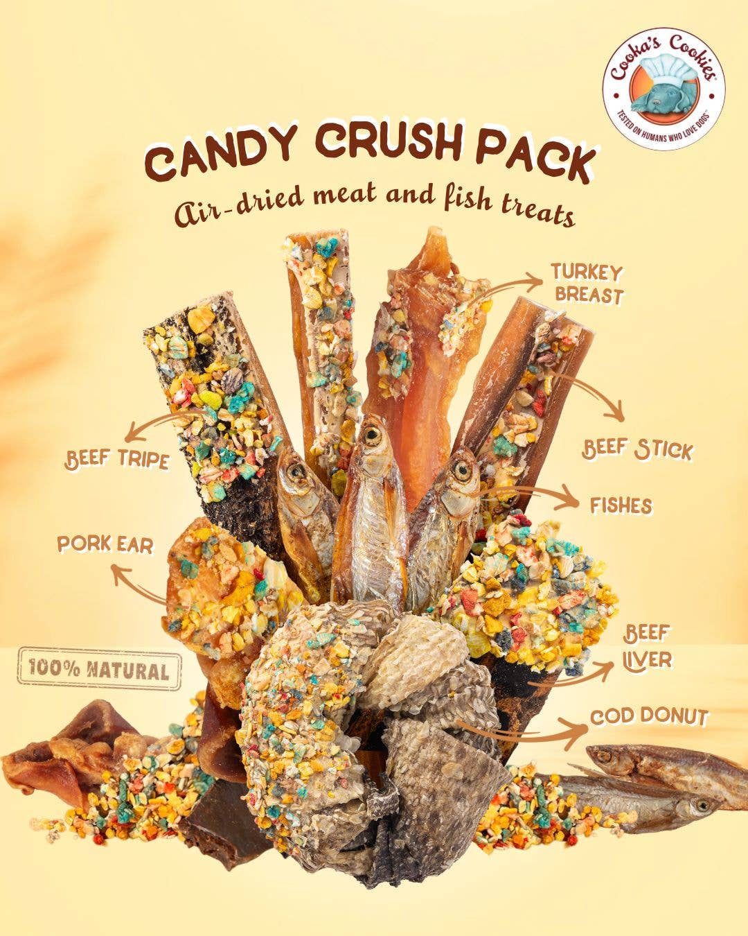Candy Crush-paket – lufttorkade kött- och fiskgodisar med dogfetti 200 g