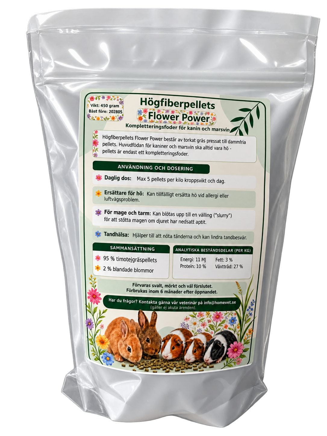 Högfiberpellets Flower Power Kanin & Marsvin 450 g