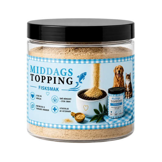 MiddagsTopping Fisksmak – burk med pulvertopping åt hund, katt och iller